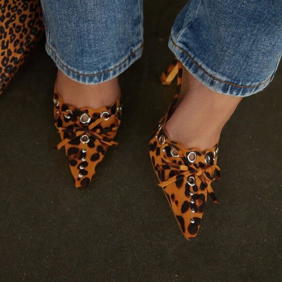 Women's Leopard Trendy High Heeled Kitten Heels Mules - Picture 4 of 6